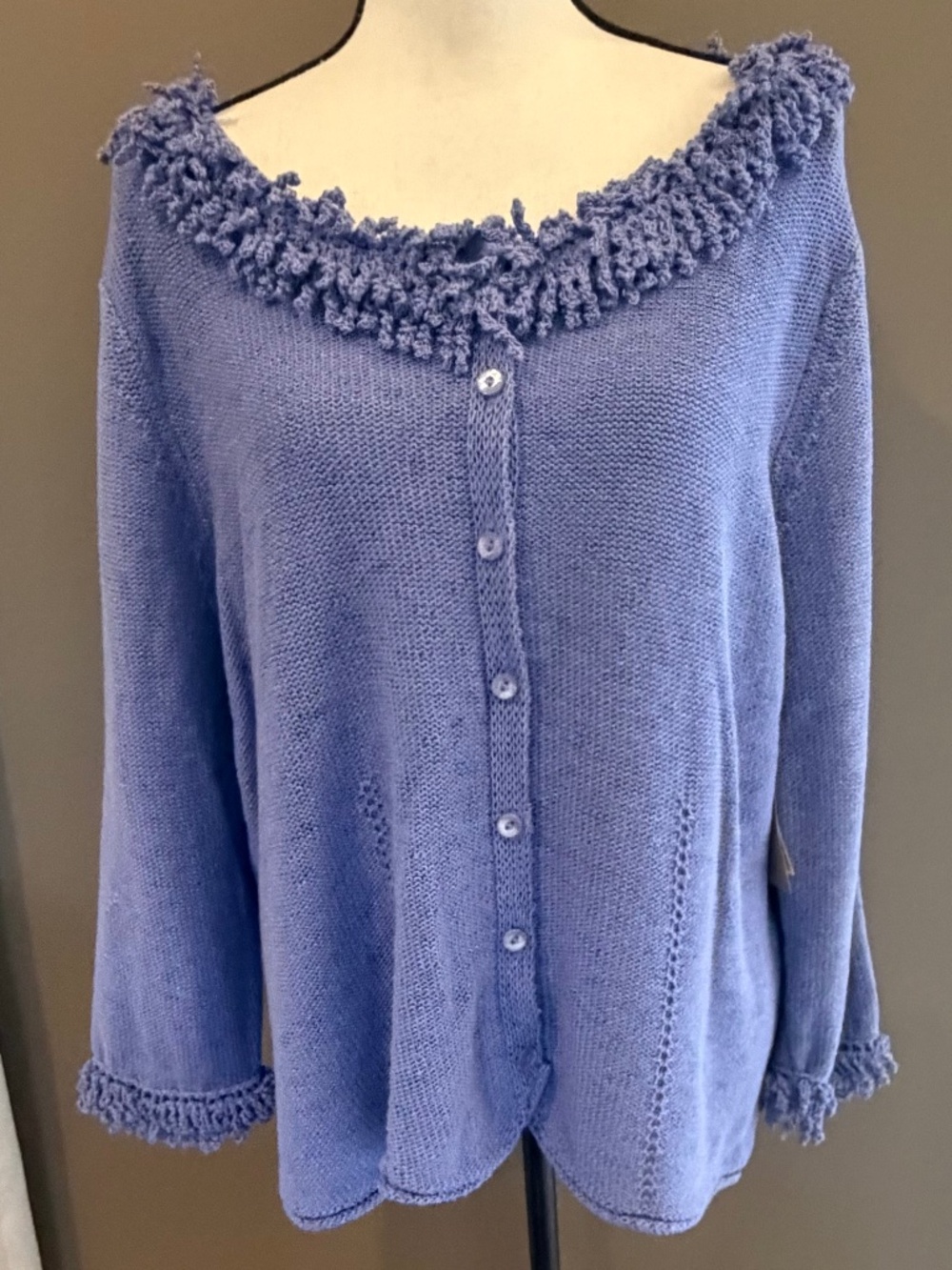 NWT Lavender Coldwater Creek Cardigan Sweater Fring Knit Scoop Neck, Size Large - Picture 2 of 16